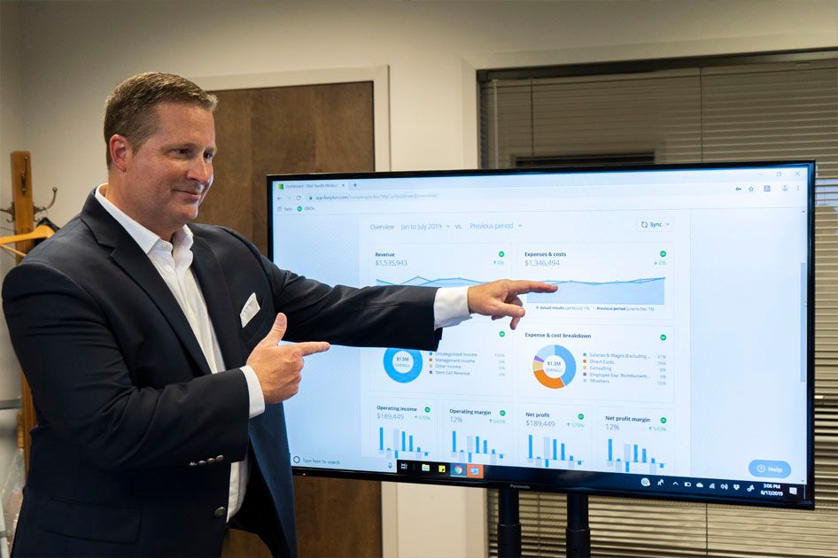 Jason pointing to statistics on a chart