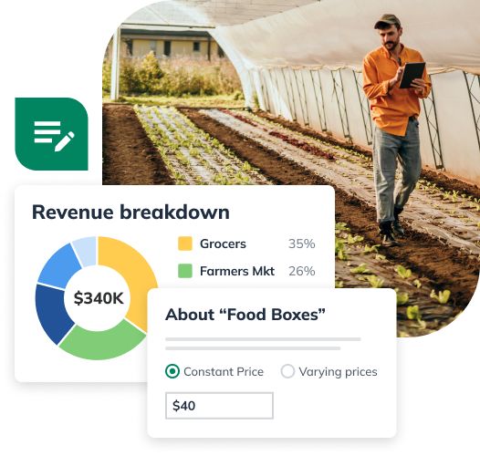 Man working in greenhouse with overlayed LivePlan graphics