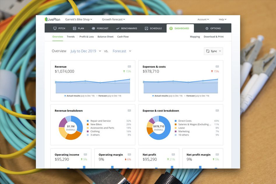 LivePlan's Benchmark tools give Mauricio insight into how FletNet compares to the overall industry, based on region and company size.