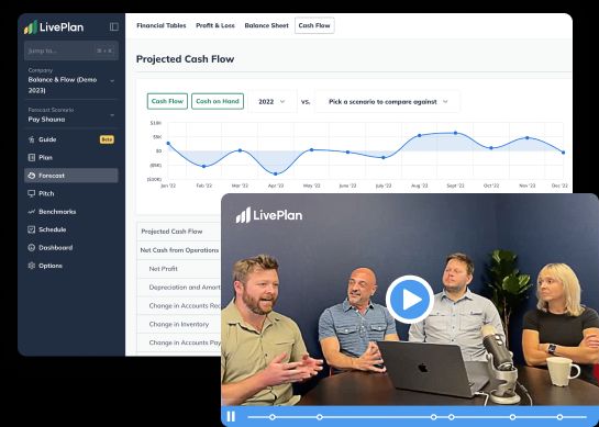 LivePlan's projected cash flow chart next to a webinar thumbnail