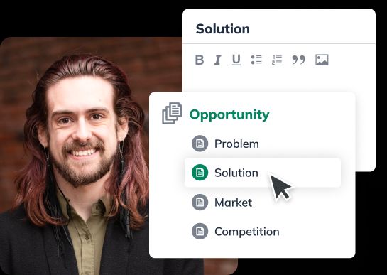 Connor, a customer advocate, smiling next to LivePlan graphics