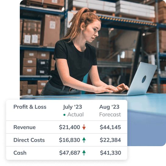 Woman working on laptop in warehouse with LivePlan profit and loss chart
