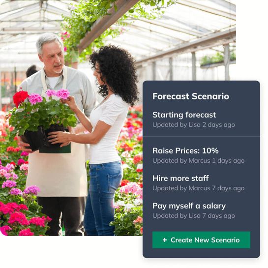 Nursery employee helping customer with LivePlan forecast scenario graphic